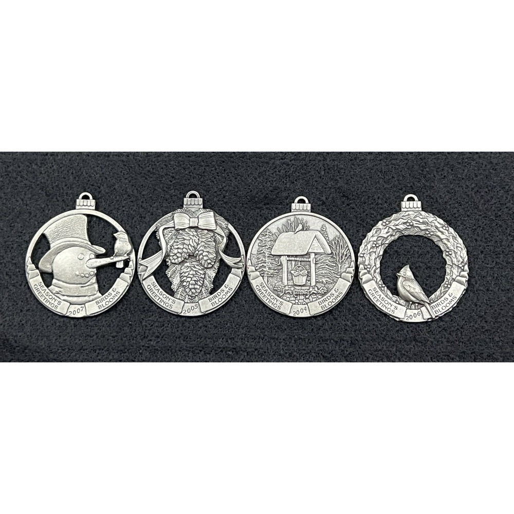 Birds & Blooms Season's Greetings PEWTER Christmas Ornaments Lot Of 4 ~2004-2007